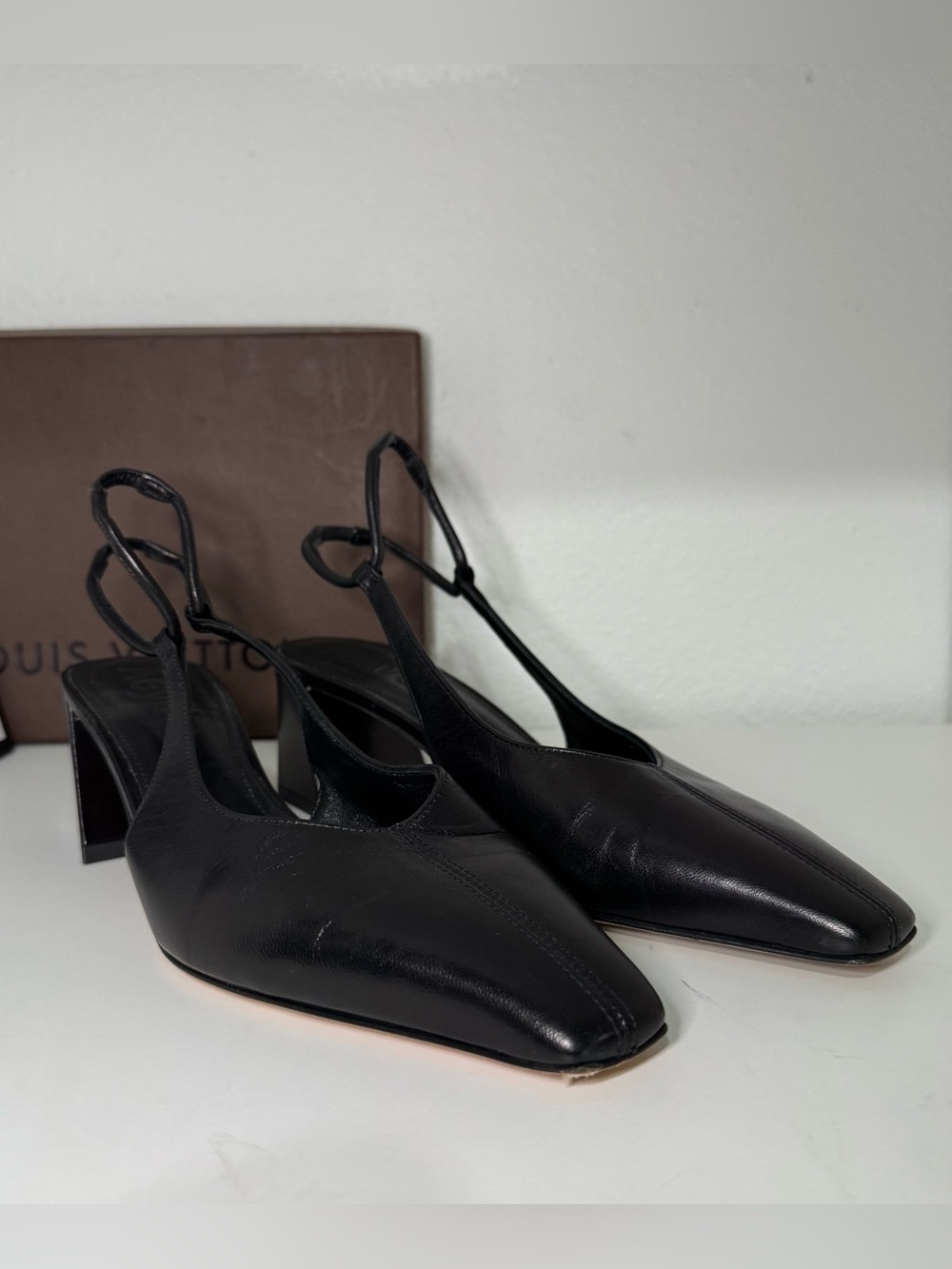 Aeyde Black Leather Square-Toe Slingback Heels